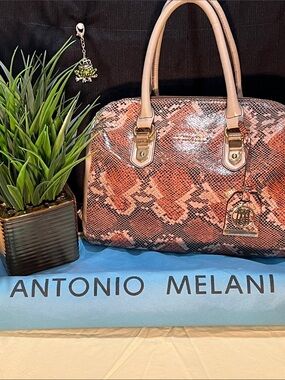 ANTONIO MELANI Pink Snake-Print Satchel with Beige Handles